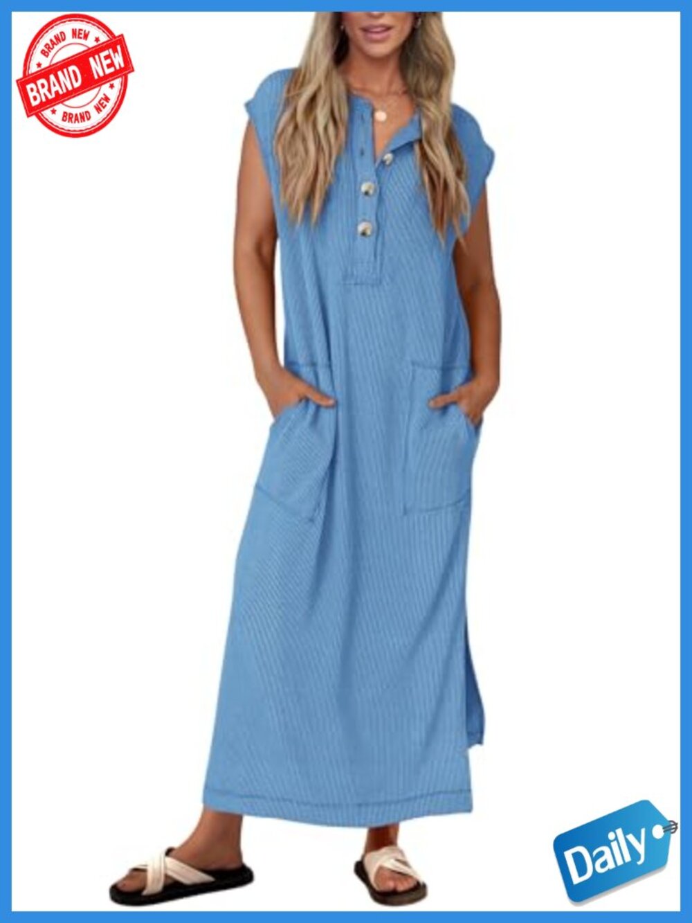 Women's Ribbed Knit Maxi Dress Henley Button Up Loose Fit Summer Beach Vacation